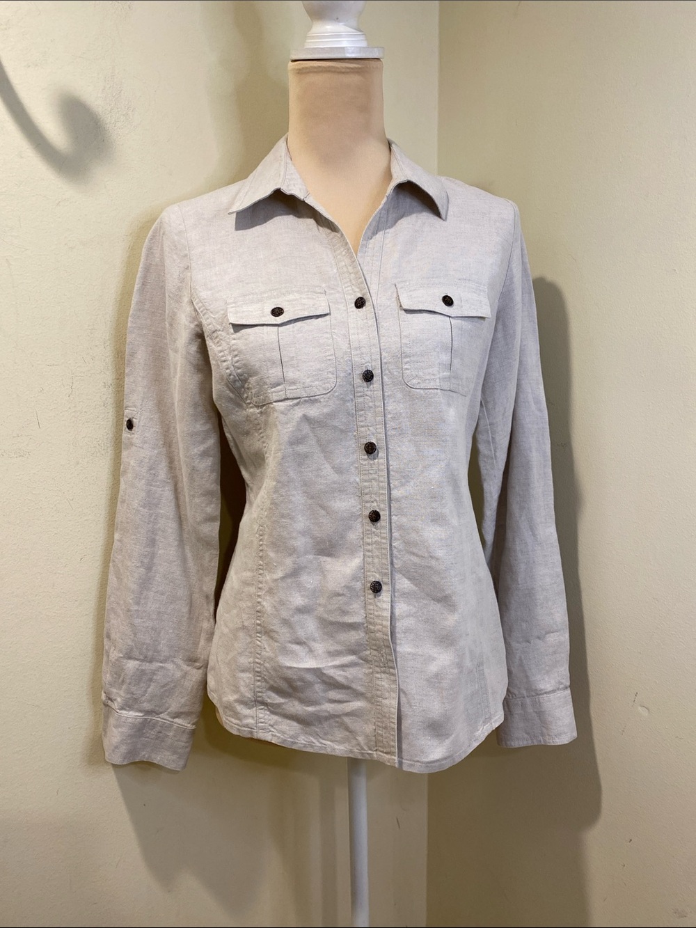 SAKS FIFTH AVE THREADS Light Beige Button-Front Long Sleeve Linen Shirt 4